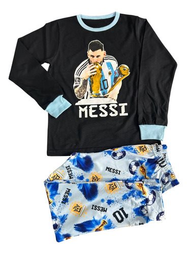 Conjunto Pijama Invierno Messi Argentina Manga Larga Negro Negro