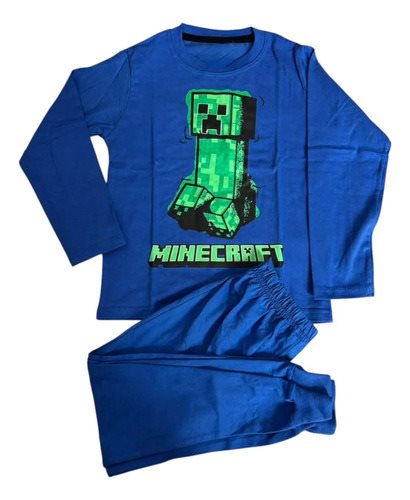 Conjunto Pijama Invierno Manga Larga Minecraft Niños Azul Azul