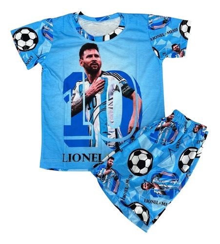 Conjunto Pijama Verano Manga Corta Messi Afa Argentina Niños Celeste