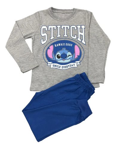 Conjunto Pijama Invierno Niños Stitch Algodón Gris Y Azul