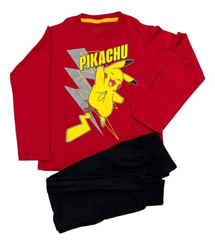Conjunto Pijama Invierno Algodon Pikachu Niños Rojo Brilla Rojo Y Negro