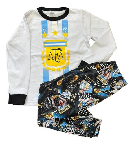 Conjunto Pijama Invierno Manga Larga Afa Argentina Messi Blanco Y Celeste