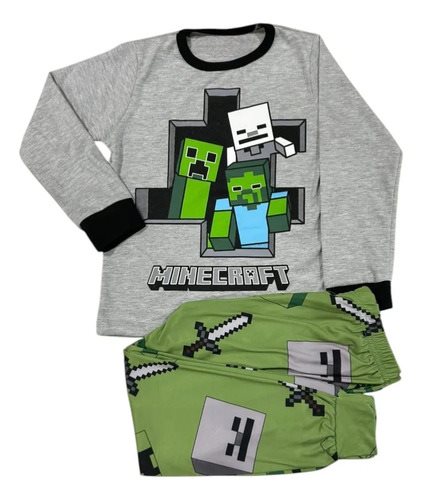 Pijama Minecraft Conjunto Invierno Manga Larga Algodon Niños Gris