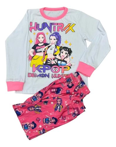 Conjunto Pijama Invierno Algodon Huntrix Kpop Rosa Niños Blanco Y Rosa