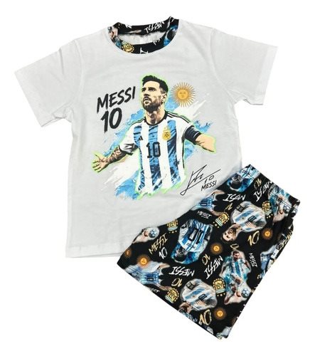 Conjunto Pijama Verano Manga Corta Messi Afa Niños Azul Estampado