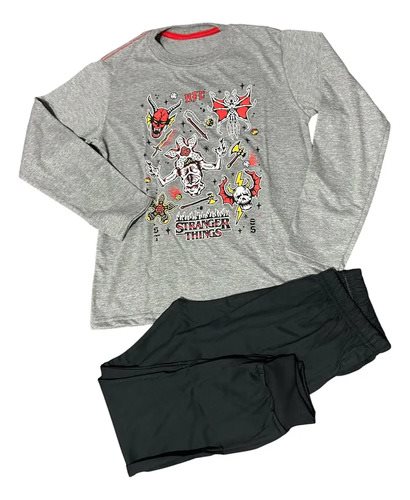 Conjunto Pijama Stranger Things Liso Manga Larga Niño Negro Y Gris