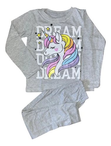 Conjunto Pijama Invierno Algodon Unicornio Niños Luminoso Gris