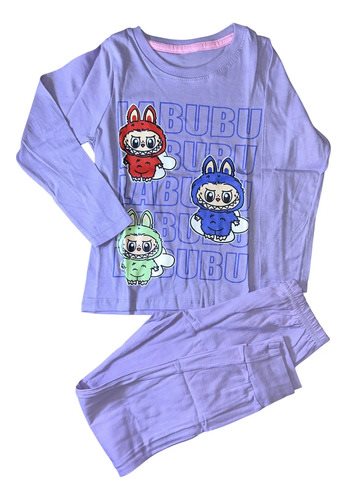 Conjunto Pijama Invierno Manga Larga Algodon Labubu Niños Violeta Estampado 6