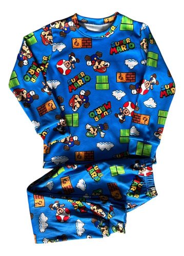 Pijama Térmico Invierno Manga Larga Super Mario Bros Niños Celeste Sublimado