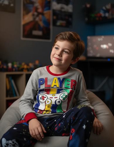 Conjunto Pijama Invierno Niño Play Gamer Player Gris