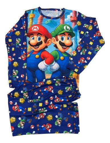 Conjunto Pijama Invierno Super Mario Y Luigi Bros Niños Azul