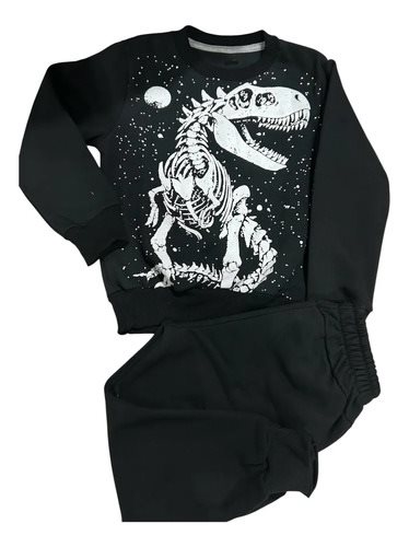 Conjunto Frisa Buzo Y Pantalón Niño Invierno Dinosaurio Negro Estampado