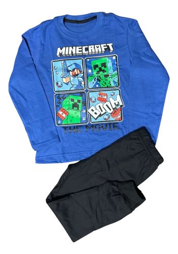 Conjunto Pijama Invierno Minecraft Liso Algodon Niños Azul Con Negro