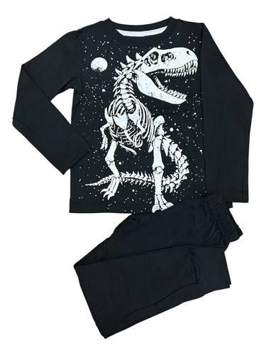 Conjunto Pijama Invierno Algodon Dinosaurio Niños Luminoso Negro