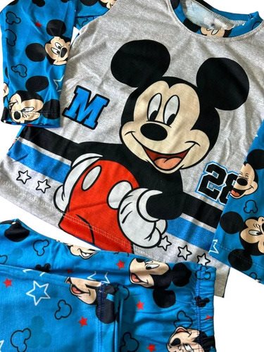 Pijama Conjunto Mickey Mouse Niños Invierno Manga Larga Azul Y Gris