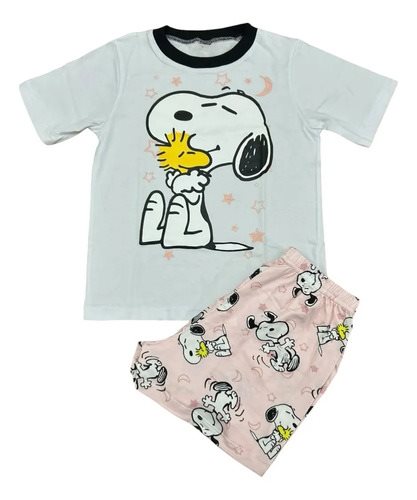 Conjunto Pijama Snoopy Infantil Verano Manga Corta Algodon Rosa Estampado