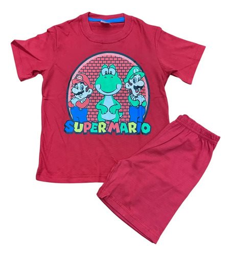 Conjunto Pijama Manga Corta Mario Bros Liso Niños Brilla