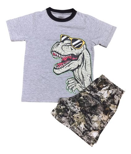 Conjunto Pijama Dinosaurio Verano Manga Corta Algodon Niños Gris Estampado
