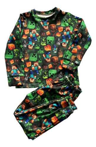 Pijama Térmico Invierno Manga Larga Minecraft Niños Verde Sublimado