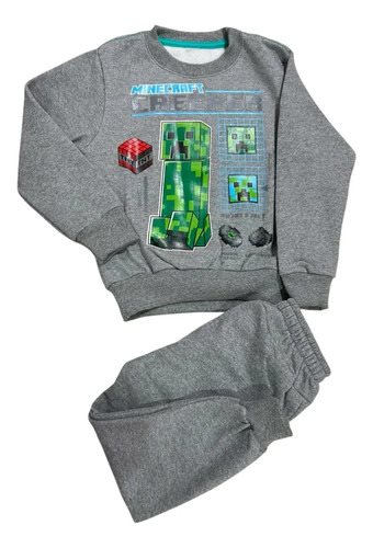 Conjunto Frisa Buzo Y Pantalón Niño Invierno Minecraft Gris Estampado