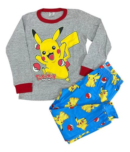 Conjunto Pijama Manga Larga Invierno Algodon Pikachu Pokemon Gris Y Celeste