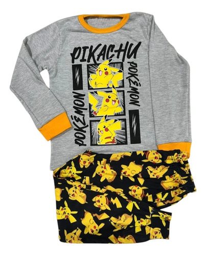 Pijama Pikachu Pokemon Conjunto Invierno Algodon Niños Gris