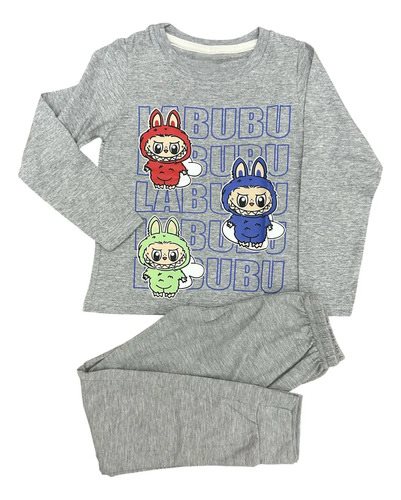 Conjunto Pijama Invierno Manga Larga Algodon Labubu Niños Gris