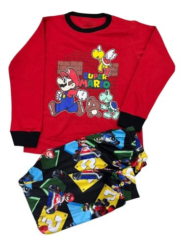 Conjunto Pijama Invierno Algodon Super Mario Bros Niños Rojo Rojo