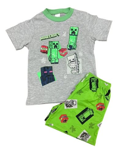 Conjunto Pijama Verano Manga Corta Minecraft Niño Verde Estampado