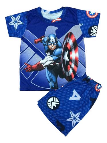 Conjunto Pijama Verano Manga Corta Capitán America Marvel Azul Sublimado