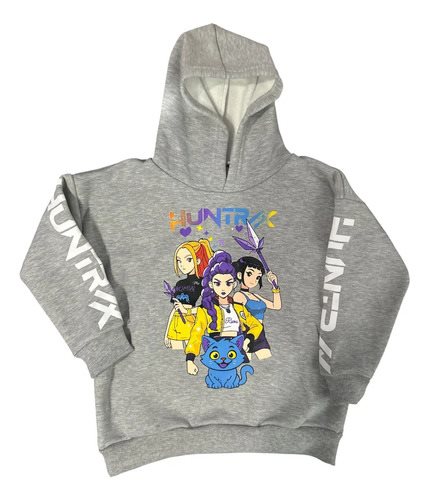 Maxi Buzo Algodon Invierno Huntrix Kpop Niños Capucha Gris Estampado