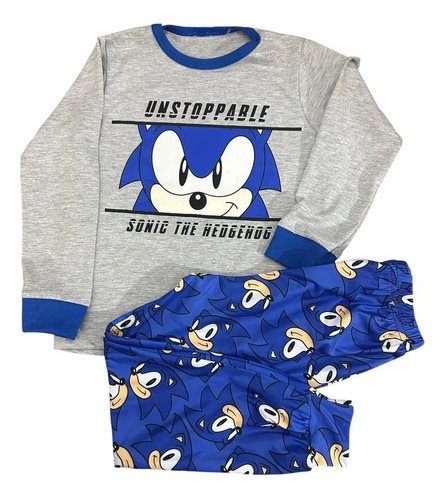 Conjunto Pijama Invierno Sonic Algodon Manga Larga Niños Azul