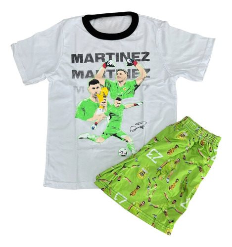 Conjunto Pijama Manga Corta Dibu Martinez Futbol Afa Niños Blanco Y Verde