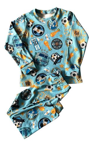 Pijama Térmico Afa Mundial Messi Argentina Invierno Niños Celeste Sublimado