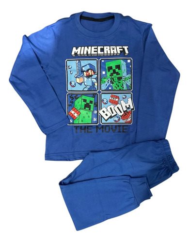 Conjunto Pijama Invierno Minecraft Liso Algodon Niños Azul
