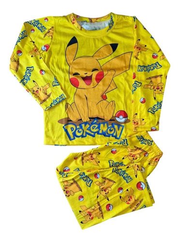 Pijama Conjunto Pikachu Pokemon Invierno Manga Larga Niños Amarillo
