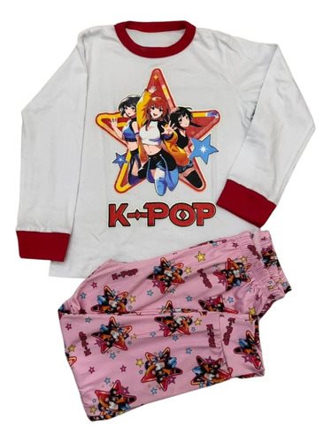 Conjunto Pijama Invierno Algodon Guerreras Kpop Niños Blanco Blanco