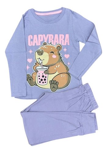 Conjunto Pijama Capibara Lila Niños Manga Larga Invierno