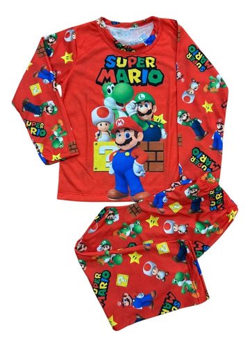 Conjunto Pijama Invierno Super Mario Niños Manga Larga Rojo Rojo